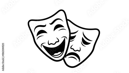 A black and white illustration of two theatrical masks, one depicting joy and laughter, the other sadness and despair, symbolizing the duality of human emotions and the performing arts.