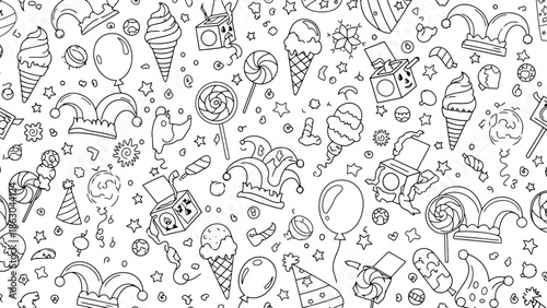 A whimsical black and white doodle pattern featuring a chaotic assortment of party and carnival elements.