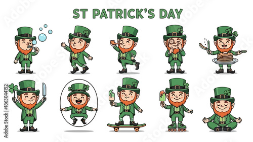 St Patrick's Day illustration featuring a collection of cartoon leprechauns in various poses and activities.