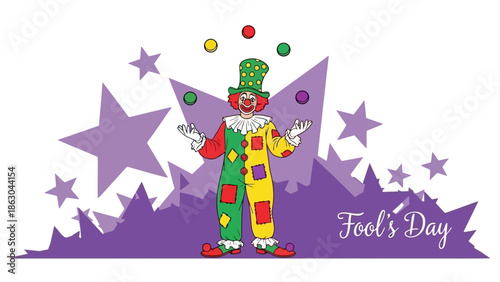 A colorful clown juggles balls in front of a purple starburst background with the text "Fool's Day" on the right.