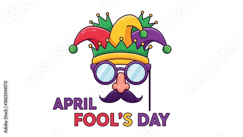 A whimsical illustration of a jester's hat and oversized glasses with a mustache and nose, celebrating April Fool's Day.