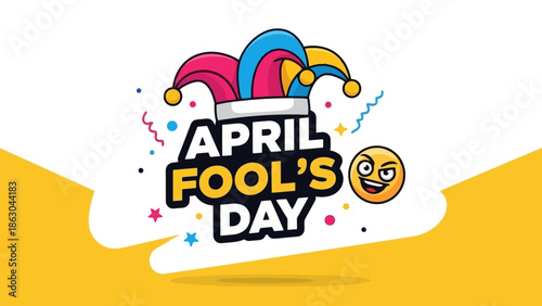 Vibrant April Fool's Day Illustration with Jester Hat, Cheeky Emoji, and Festive Decorations