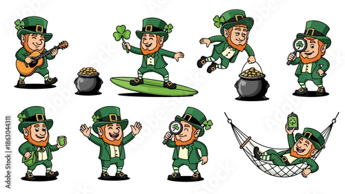 Collection of St. Patrick's Day Leprechauns in various festive poses, celebrating Irish holiday