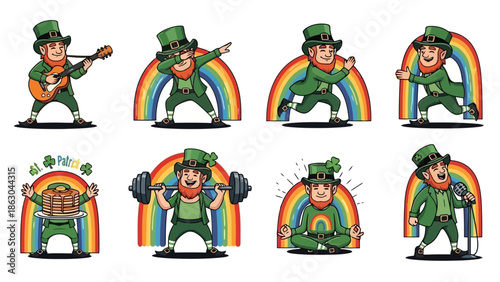 Collection of Leprechaun Characters Engaged in Various Activities like Playing Guitar, Working Out