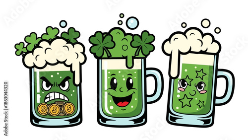 Three cartoon green beers with St. Patrick's Day shamrocks and funny faces, celebrating Irish