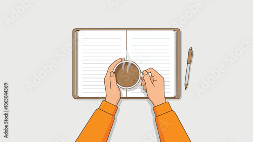 Flat lay of hands holding a coffee cup over a lined notebook with a pen