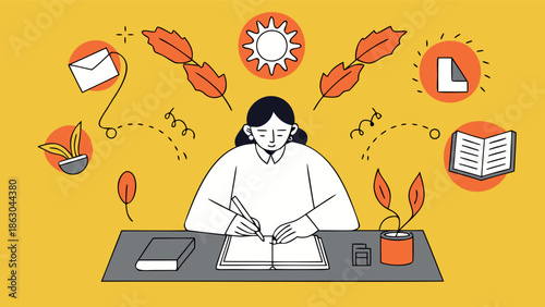 Woman studying at desk with books and plants around her