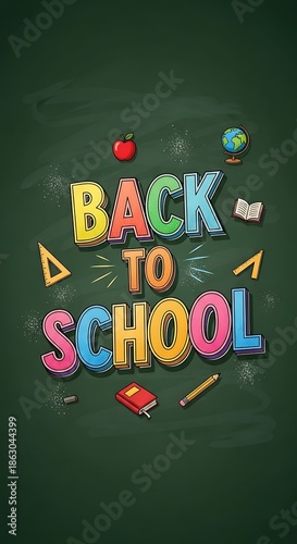 Colorful Back to School Illustration on Chalkboard Background.