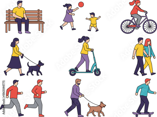People daily activities vector set with walking running cycling dog walking family and outdoor lifestyle scenes