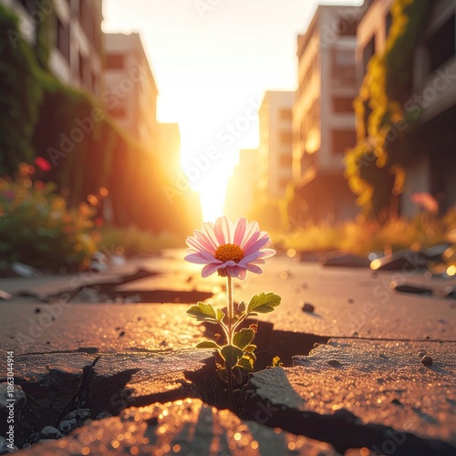 A resilient flower blooms amidst the ruins of a city at sunset