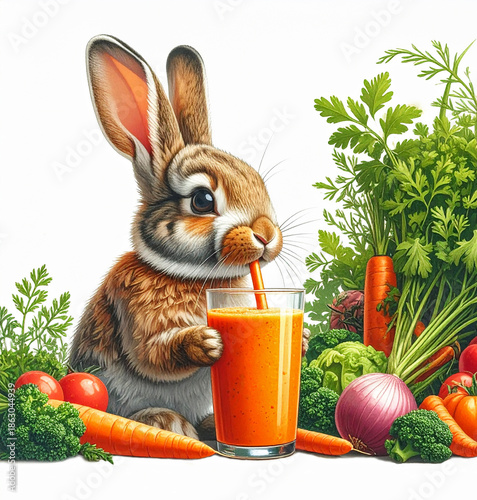 Cute brown bunny enjoying a fresh carrot smoothie in the vegetable garden.  Isolated on white background