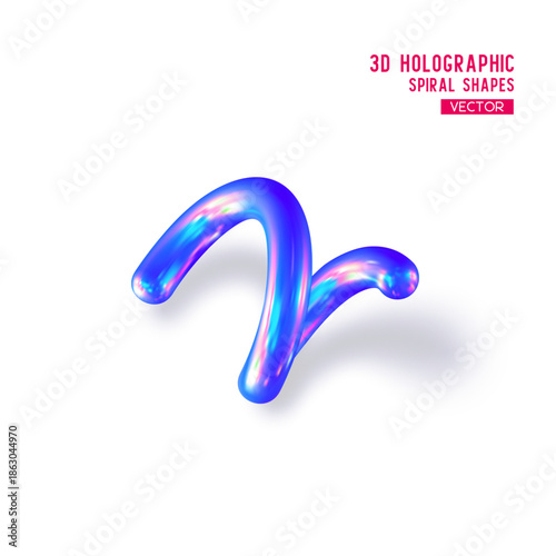 3d holographic abstract spiral shape. Glossy geometric blue primitive with shadow on white background. Iridescent trendy design, thin film effect. Vector.