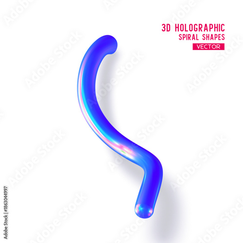 3d holographic abstract spiral shape. Glossy geometric blue primitive with shadow on white background. Iridescent trendy design, thin film effect. Vector.