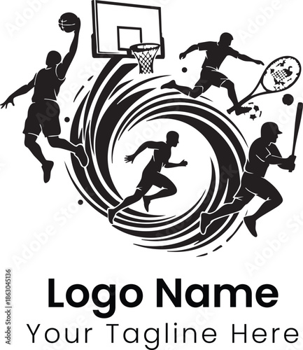 Dynamic Silhouettes of Athletes Engaging in Various Sports Actions Surrounding a Central Vortex