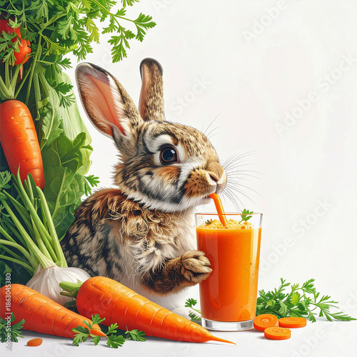Cute brown bunny enjoying a fresh carrot smoothie in the vegetable garden.  Isolated on white background