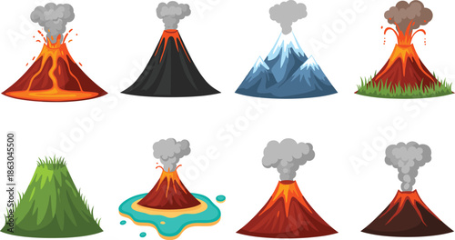Cartoon volcano vector set with erupting lava snowy mountain island and grassy volcanoes isolated on white background