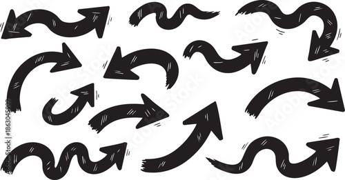 Collection of various black arrows pointing in different directions on a white background