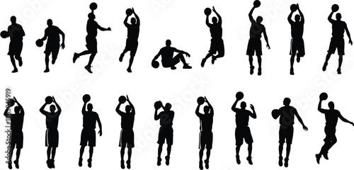 Silhouettes of basketball players in dynamic poses dribbling, shooting, jumping, and passing, representing athletic motion, teamwork, and sports training