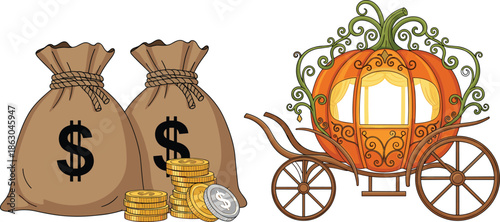 Magical pumpkin carriage and sacks of gold coins vector illustration for fairy tale themes fantasy storytelling wealth and success concepts