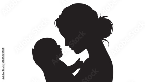 Mother Kissing Baby Silhouette Isolated on White