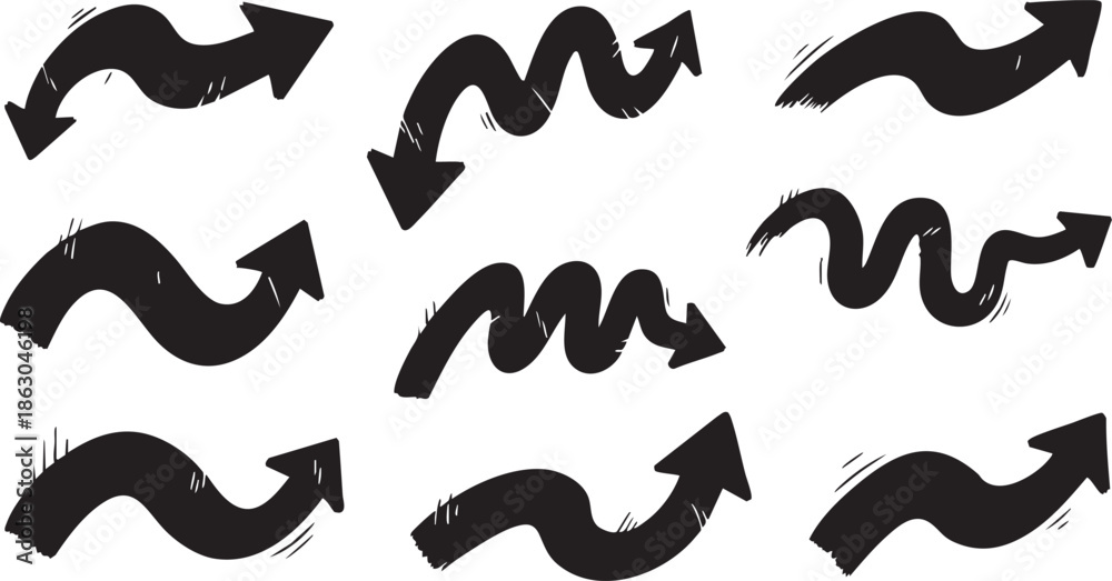 Fototapeta premium Various black arrows pointing in different directions on a white background