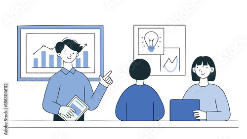 Business team discussing ideas in modern office setting with graphs