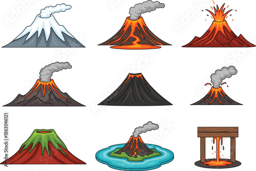 Volcano eruption vector set showing lava smoke crater and mountain volcanoes in different cartoon styles isolated