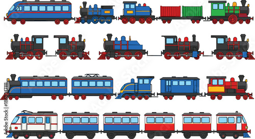 Cartoon train set with steam locomotives, passenger wagons, freight cars, and modern rail vehicles in vector style