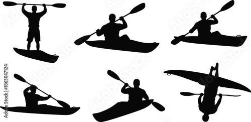 Silhouettes of six kayakers paddling in different positions and motions, including capsized figure, representing water sport, adventure, and outdoor activity