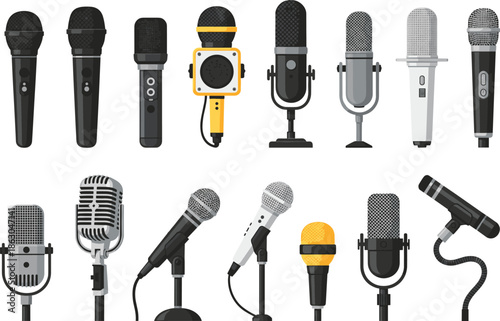 Professional microphone vector set featuring studio broadcast podcast stage and recording equipment isolated on white background