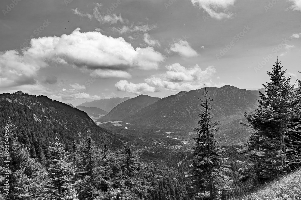 Fototapeta premium Black and white mountain landscape with forested valleys and layered alpine peaks under a dramatic sky. Timeless fine art scenery capturing wilderness, depth, and natural serenity