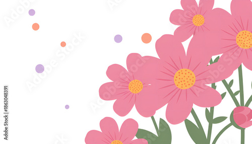 Sunset over Lake with Calm ReflectionPink Wildflowers Corner Border, Floral Illustration