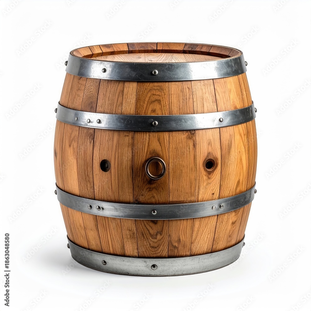 Fototapeta premium Brown wooden barrel with metal hoops, circular top, and two holes
