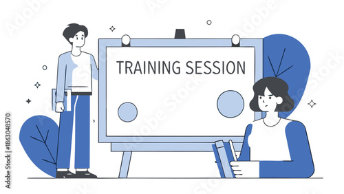 Business professionals engaged in training session with presentation board