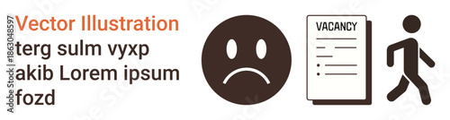 Job search, unemployment, hiring processes, career transition, job market challenges, applicant status. Sad face icon, vacancy notice and walking person symbol. Unemployment and hiring processes