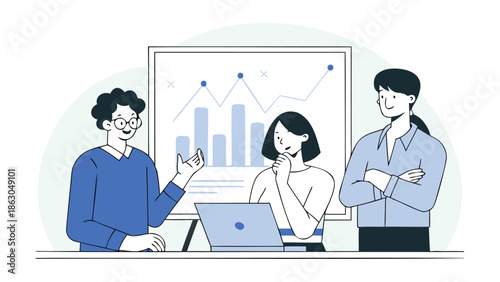 Business team analyzing data on laptop in modern office setting