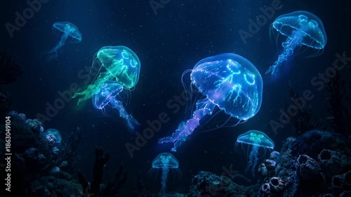 Numerous glowing jellyfish with vibrant blue, purple, and green bioluminescence gracefully swimming in the dark, deep ocean waters, illuminating the beautiful and mysterious marine world