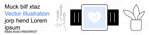 Health tracking, technology growth, productivity, self-care, work-life balance, innovation. A smartwatch with a heartbeat icon, arrows denoting growth and a potted plant. Health tracking