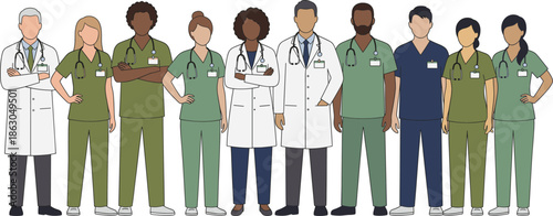 Diverse medical team illustration showing doctors nurses healthcare professionals standing together hospital clinic staff flat vector design modern professional concept