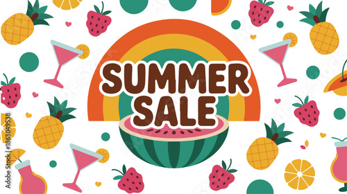 Vibrant summer sale advertisement with colorful fruit and drinks