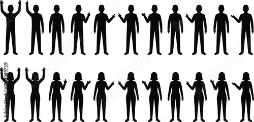 Male and female people silhouettes set showing different hand gestures standing poses black vector icons isolated on white background design