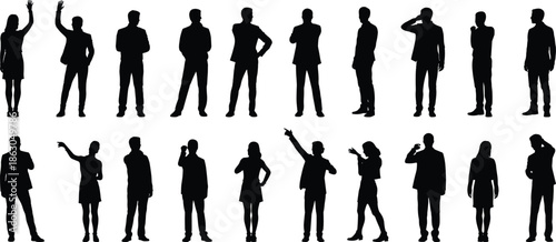 People silhouettes illustration showing men and women standing poses hand gestures body language black vector set isolated design collection icons