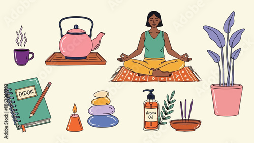 Calm woman meditating on orange patterned mat with green top and yellow pants surrounded by wellness items and indoor plant