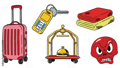 Colorful flat design luggage suitcase key hotel bell towels and angry red skull illustrations