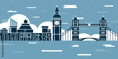 Stylized flat design vector illustration of the iconic London cityscape