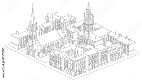 Detailed architectural illustration of historic buildings and church