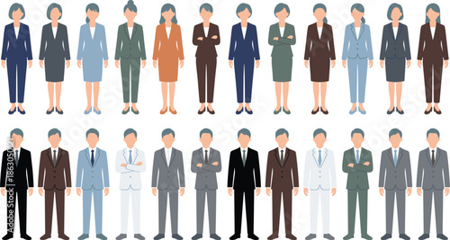 Professional business people illustration showing diverse men and women in formal suits corporate office team flat vector set characters collection