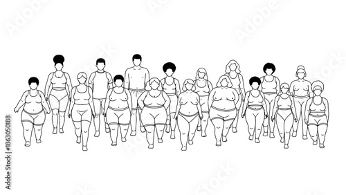Diverse group of overweight people walking together