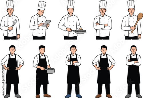 Professional chef characters illustration showing cooks in kitchen uniforms with tools restaurant culinary staff flat vector set modern isolated collection