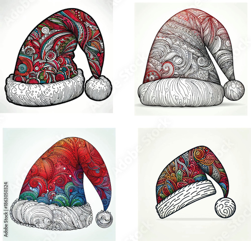 Stylized Santa Hat Icon Set with Swirling Patterns and Color Variations